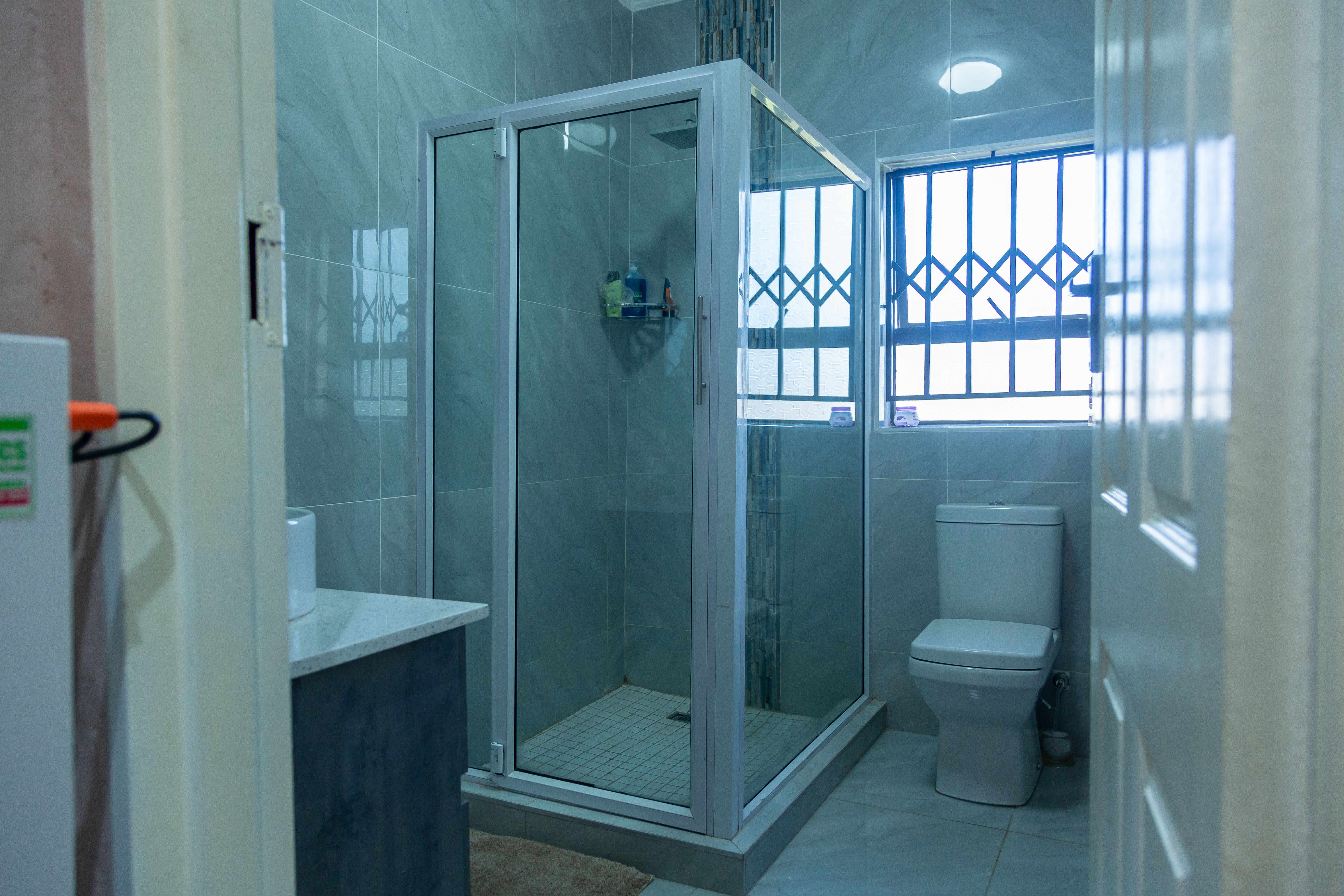 Bathroom with a glass shower, toilet, and barred window