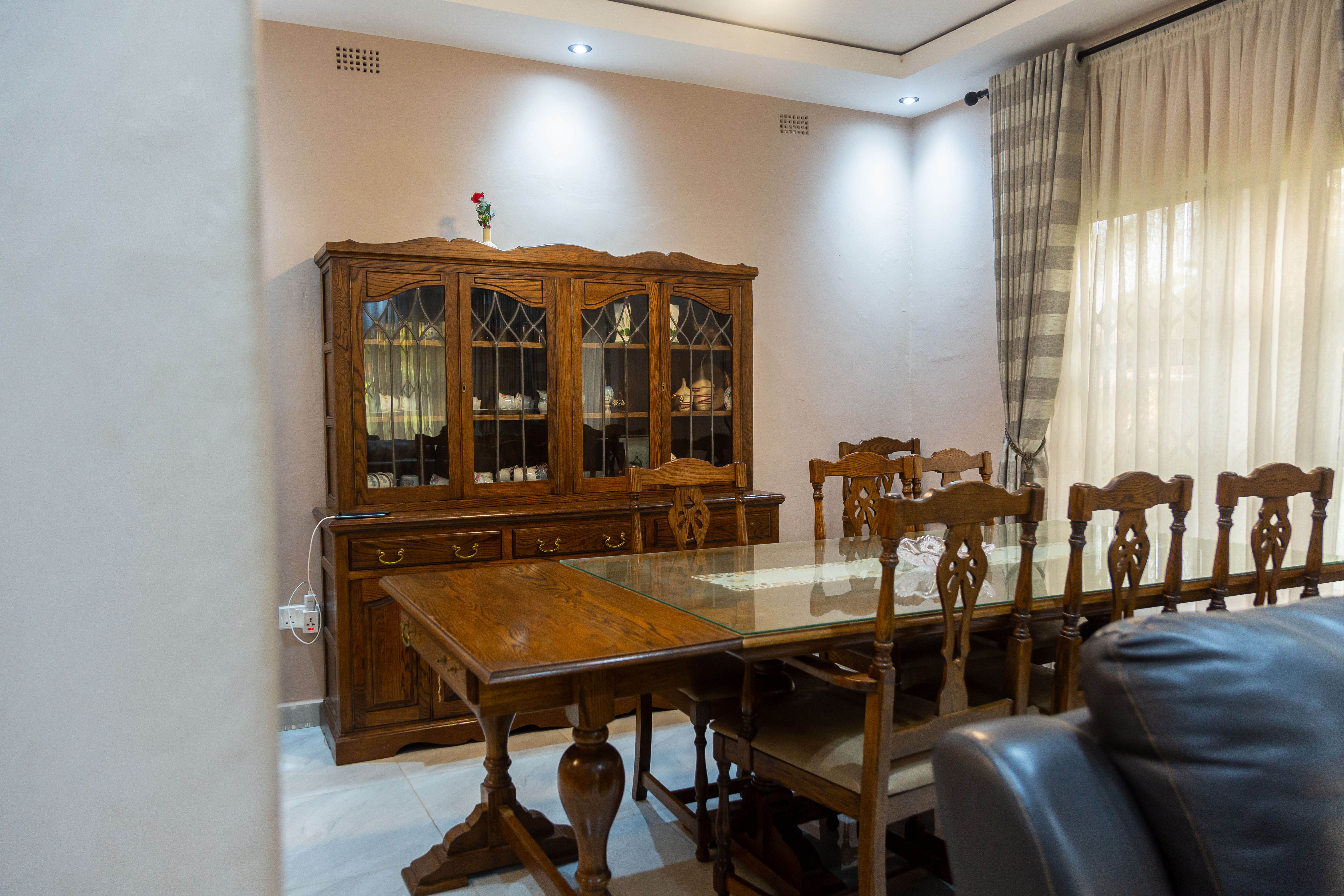 Dining area next to the living room sofas